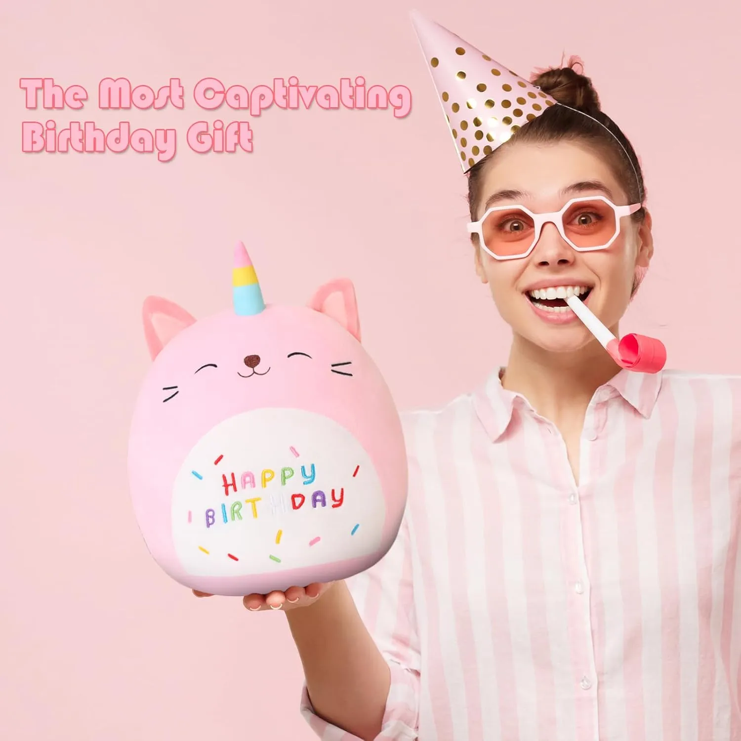 SQEQE Cat Plush Toy Unicorn Cat Stuffed Animal Cute Birthday Plushies Pillow Soft Plushie Doll Gifts for Kid Decor(Pink Caticorn, 14 Inch)