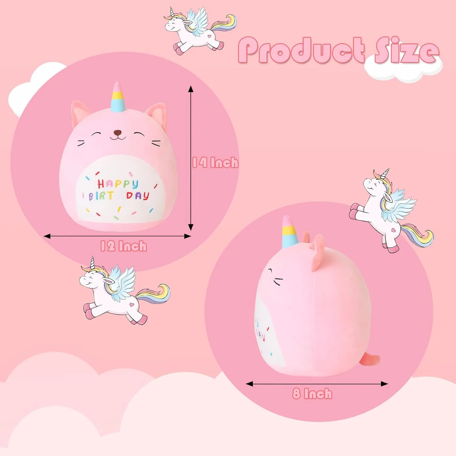 SQEQE Cat Plush Toy Unicorn Cat Stuffed Animal Cute Birthday Plushies Pillow Soft Plushie Doll Gifts for Kid Decor(Pink Caticorn, 14 Inch)