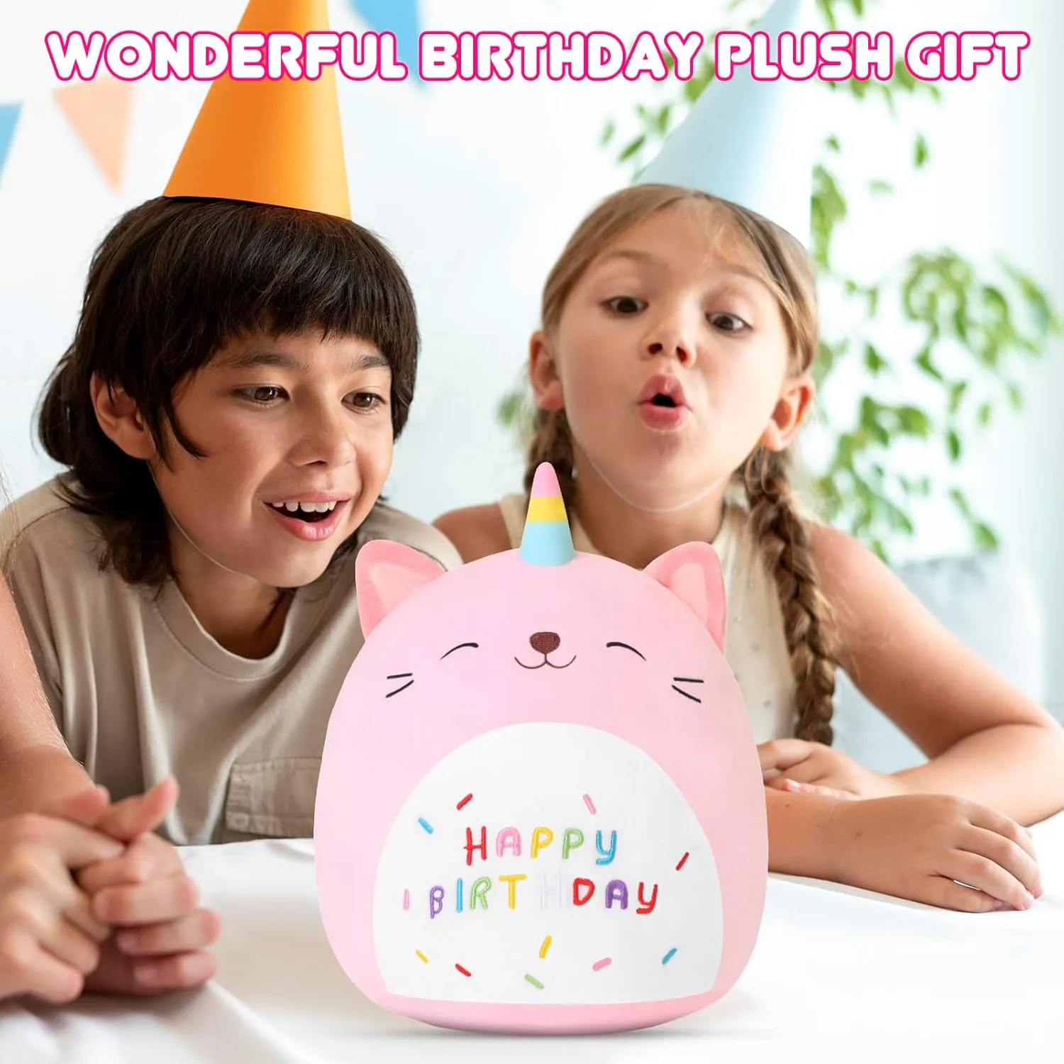 SQEQE Cat Plush Toy Unicorn Cat Stuffed Animal Cute Birthday Plushies Pillow Soft Plushie Doll Gifts for Kid Decor(Pink Caticorn, 14 Inch)