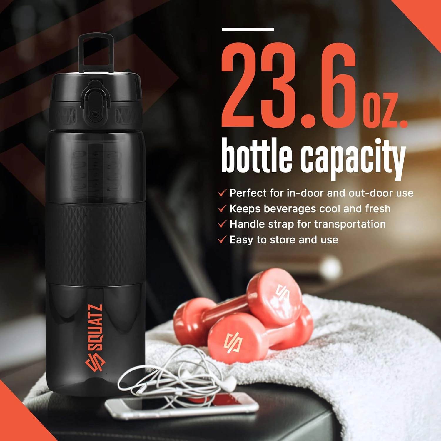 SQUATZ 24 Oz Poseidon Series Water Bottle for Protein and Fruit Shakes - Premium Quality Wide Mouth Gym Flask Fruit Infuser Strainer, Carrying Strap, Leak Resistance, No Condensation Sleeve