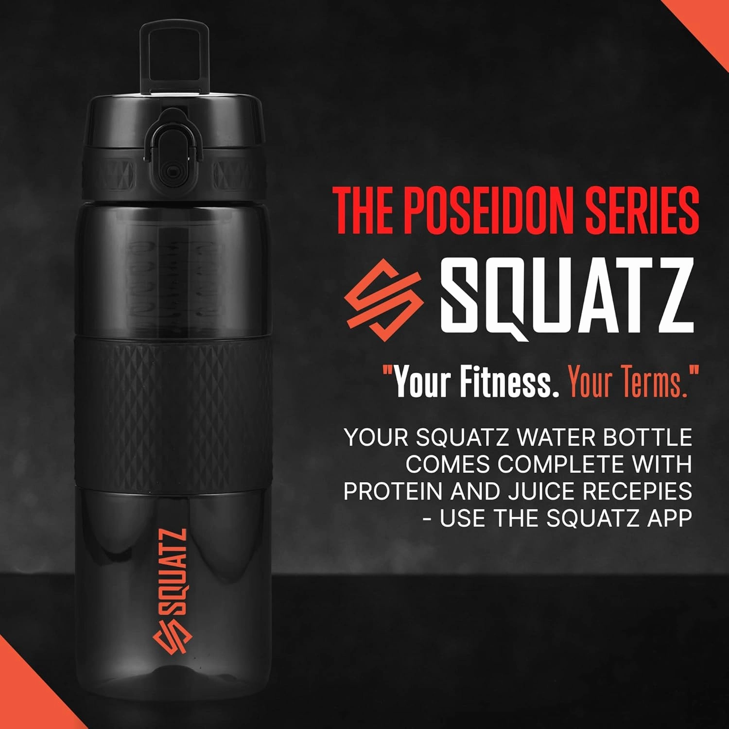 SQUATZ 24 Oz Poseidon Series Water Bottle for Protein and Fruit Shakes - Premium Quality Wide Mouth Gym Flask Fruit Infuser Strainer, Carrying Strap, Leak Resistance, No Condensation Sleeve