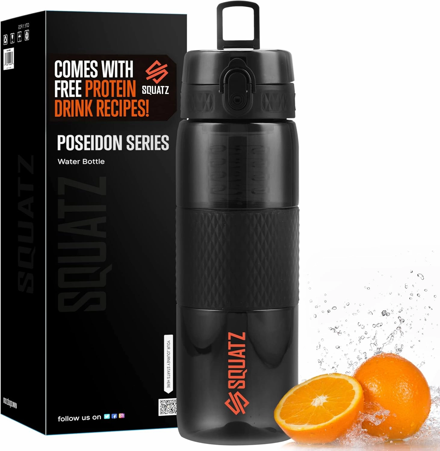 SQUATZ 24 Oz Poseidon Series Water Bottle for Protein and Fruit Shakes - Premium Quality Wide Mouth Gym Flask Fruit Infuser Strainer, Carrying Strap, Leak Resistance, No Condensation Sleeve