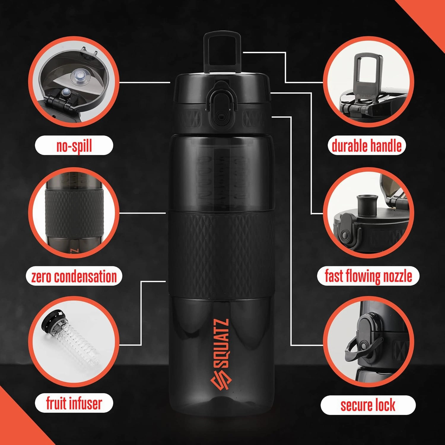 SQUATZ 24 Oz Poseidon Series Water Bottle for Protein and Fruit Shakes - Premium Quality Wide Mouth Gym Flask Fruit Infuser Strainer, Carrying Strap, Leak Resistance, No Condensation Sleeve