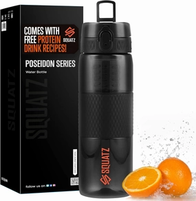 SQUATZ 24 Oz Poseidon Series Water Bottle for Protein and Fruit Shakes - Premium Quality Wide Mouth Gym Flask Fruit Infuser Strainer, Carrying Strap, Leak Resistance, No Condensation Sleeve
