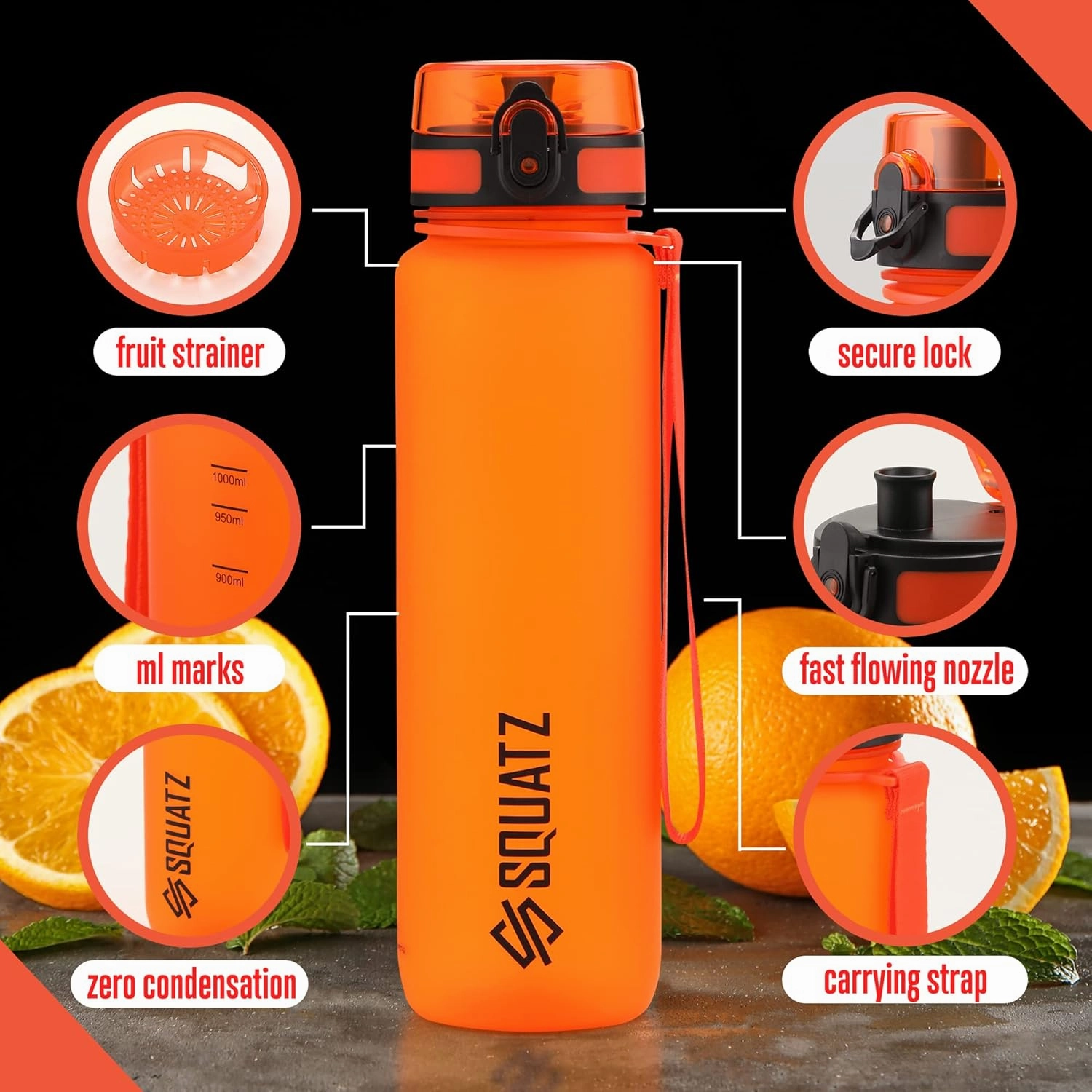 SQUATZ 34 Oz Poseidon Series Frosted Water Bottle - Premium Quality Wide Mouth Gym Flask with Fruit Infuser Strainer, Fixed Carrying Strap, Leak Resistance, and Zero Condensation