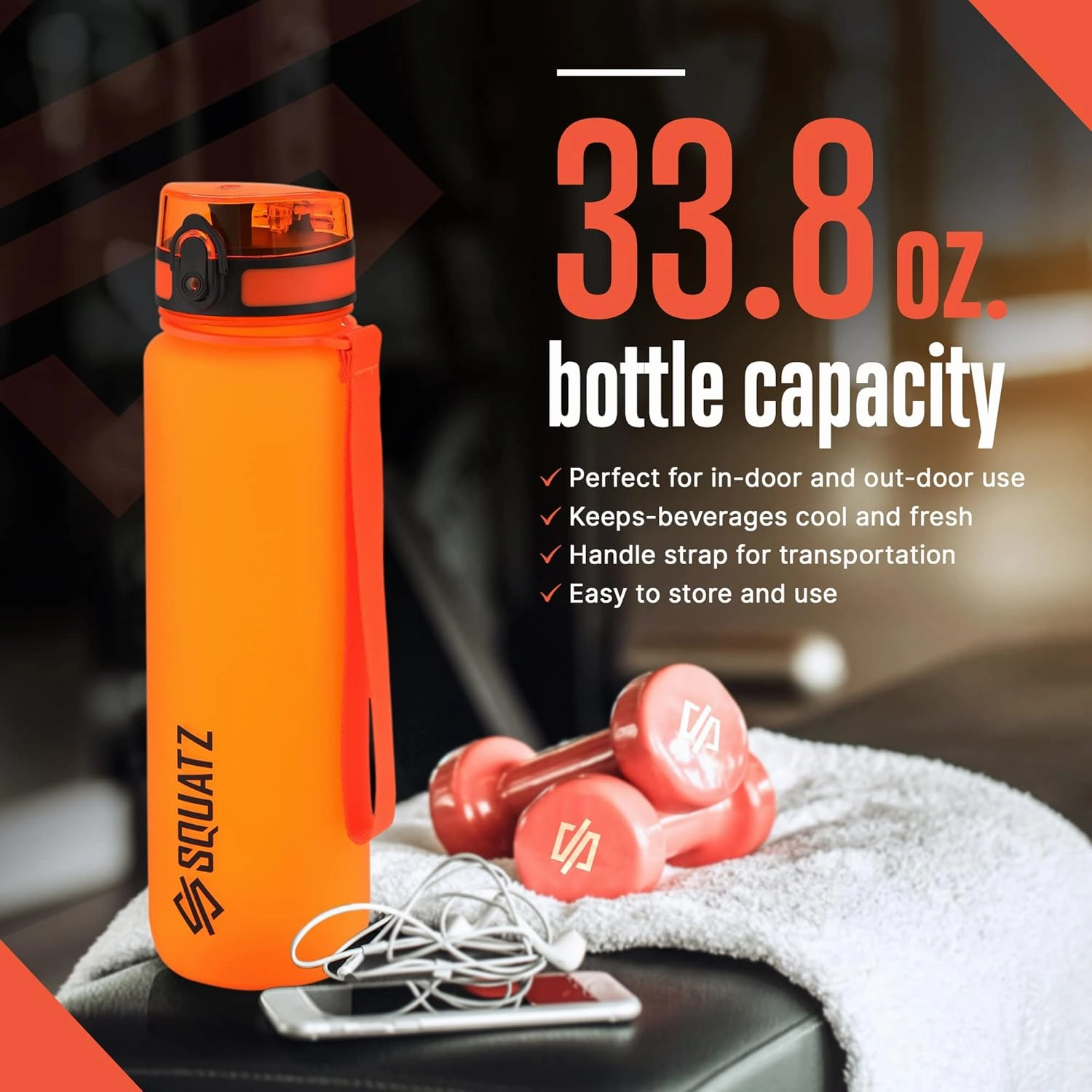SQUATZ 34 Oz Poseidon Series Frosted Water Bottle - Premium Quality Wide Mouth Gym Flask with Fruit Infuser Strainer, Fixed Carrying Strap, Leak Resistance, and Zero Condensation