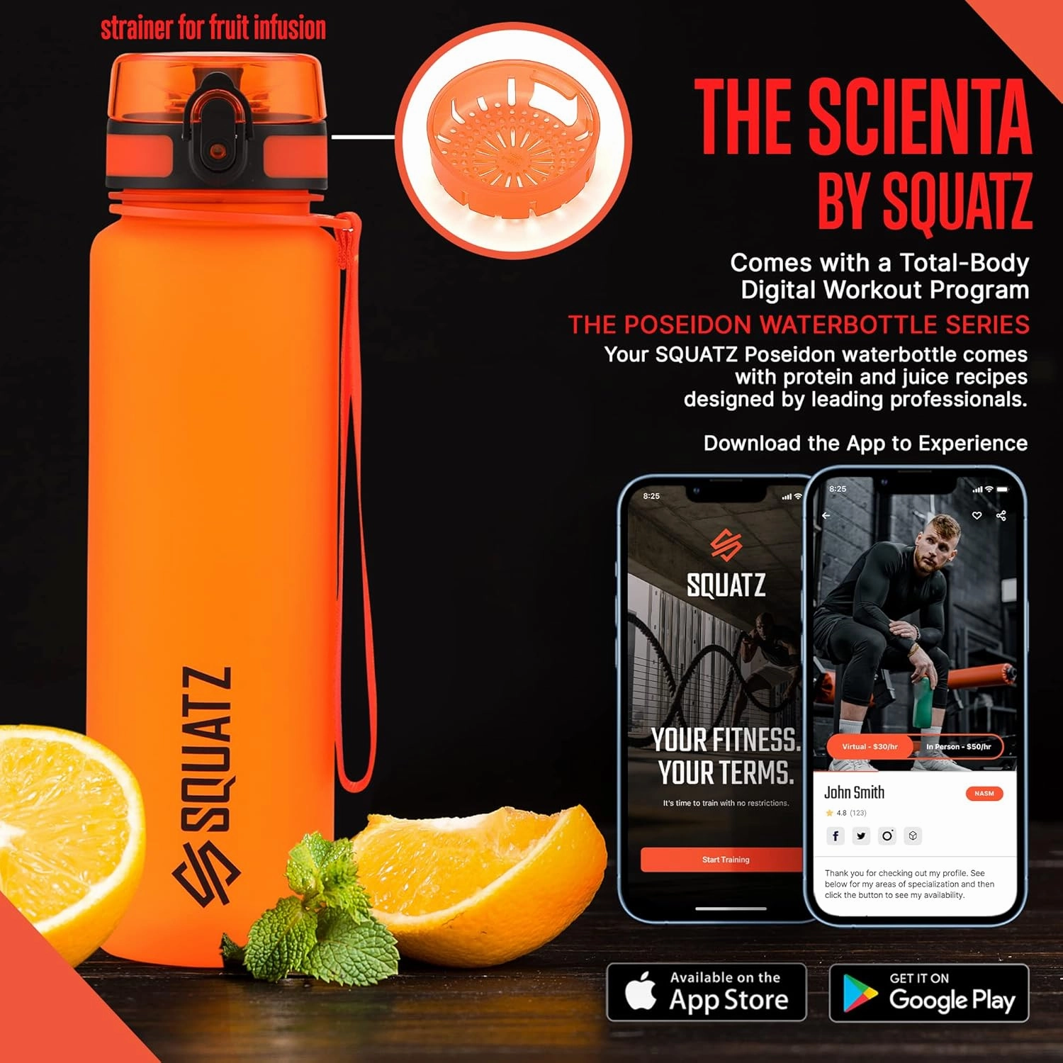 SQUATZ 34 Oz Poseidon Series Frosted Water Bottle - Premium Quality Wide Mouth Gym Flask with Fruit Infuser Strainer, Fixed Carrying Strap, Leak Resistance, and Zero Condensation