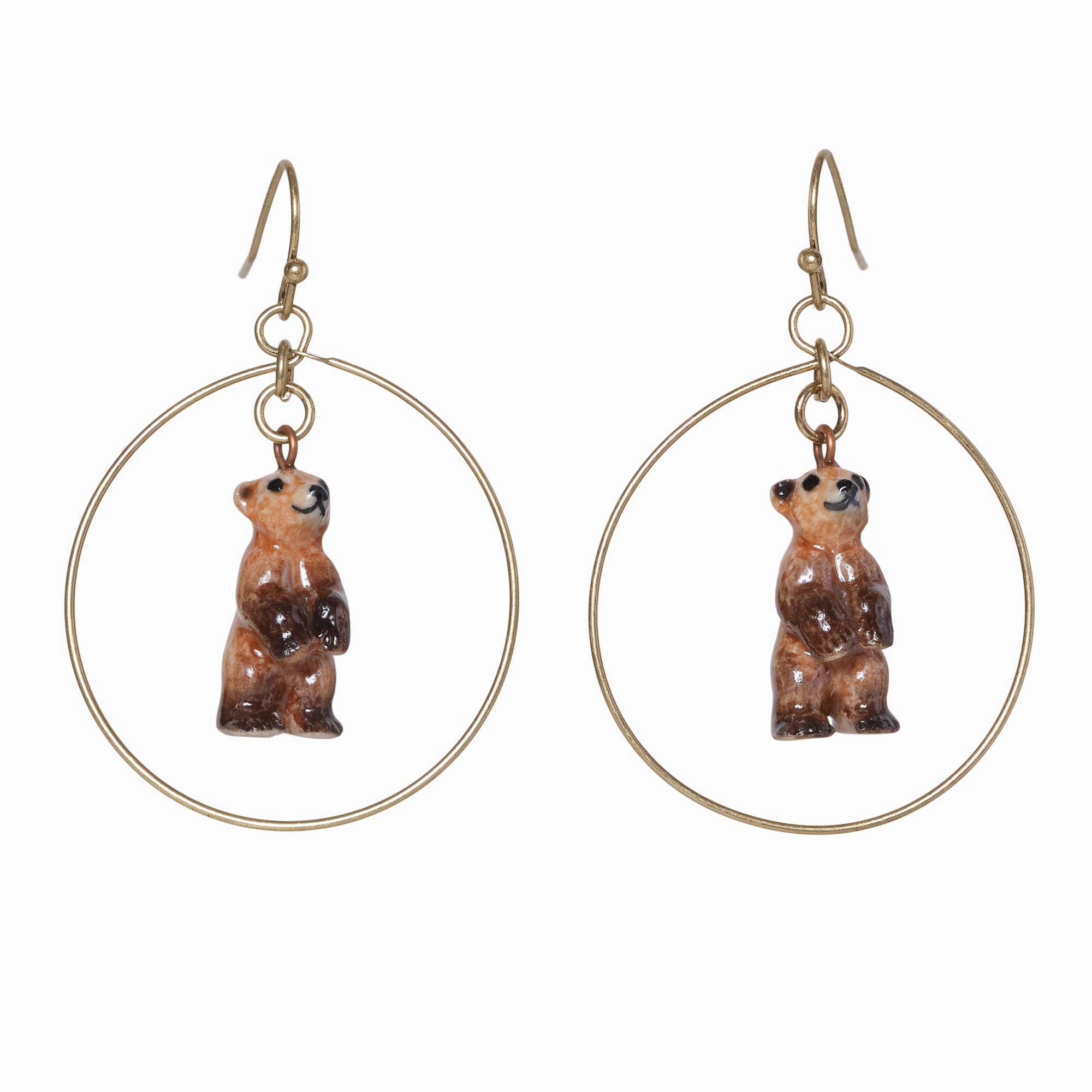 Standing Brown Bear Hoop Drop Earrings
