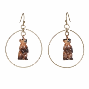 Standing Brown Bear Hoop Drop Earrings