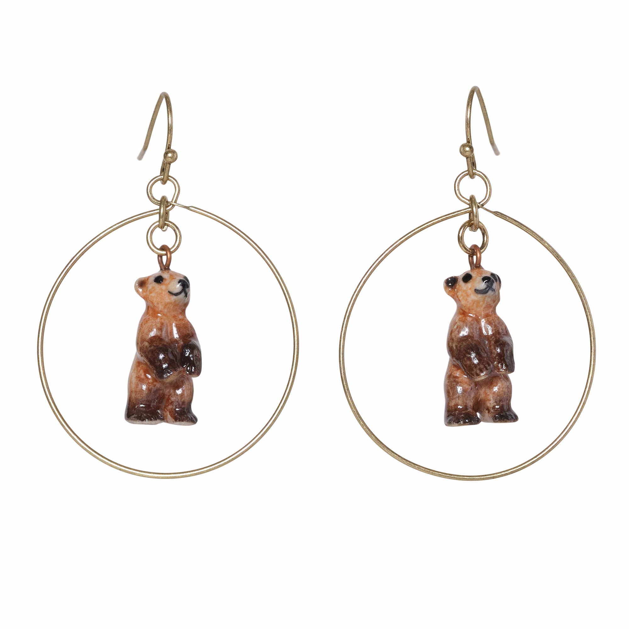 Standing Brown Bear Hoop Drop Earrings