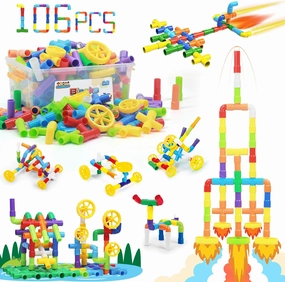 STEM Building Toy for Toddlers 106Pieces Tube Pipe Toy,Educational Preschool Game for 3  Years,Learning Building Blocks Play with Storage Box Gift Kit,Montessori Toys for Boys & Girls