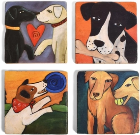 Studio Vertu Sticks Dogs Tumbled Marble Coasters, Set of 4