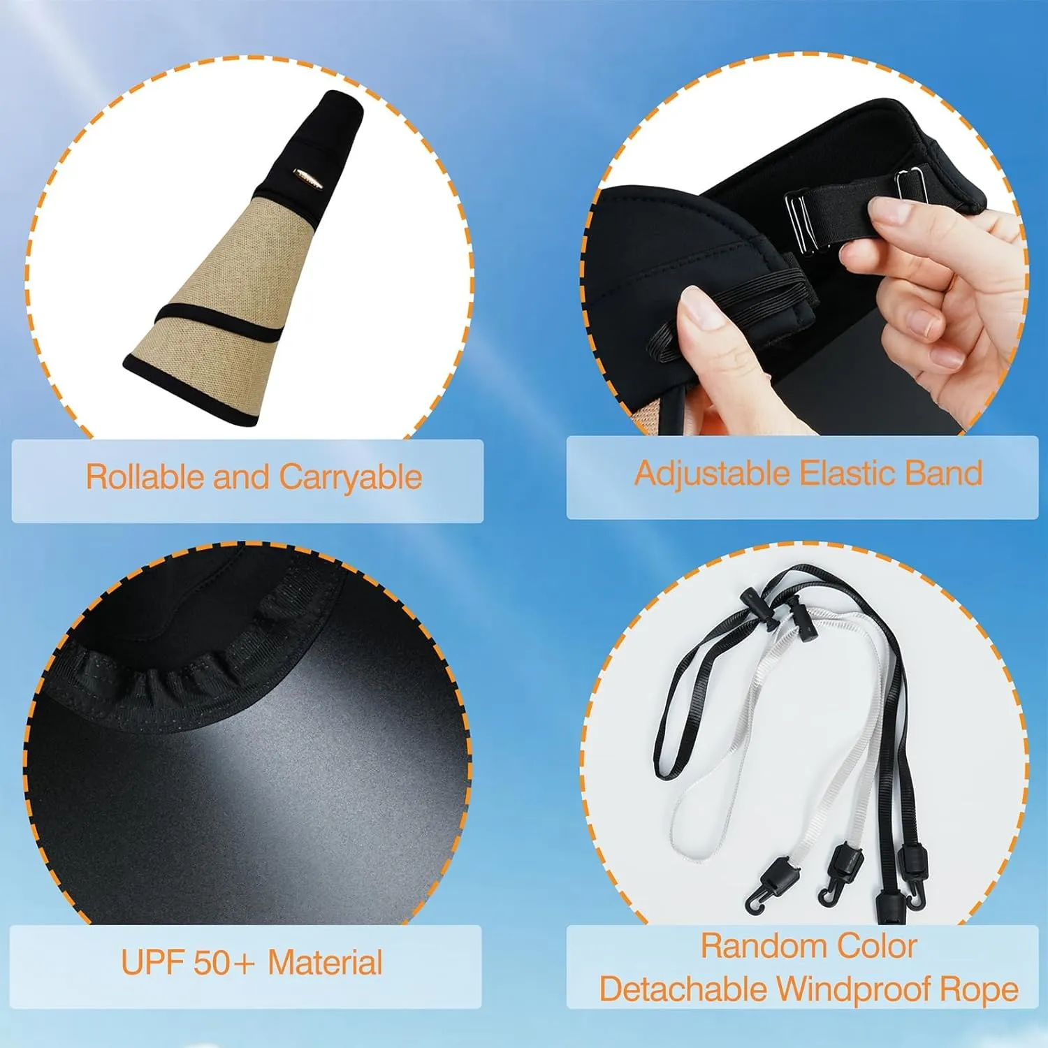 Sun Visor Hat for Women, Wide Brim Rollable Hats with Chin Stap UV Protection Beach Ponytail Cap Summer