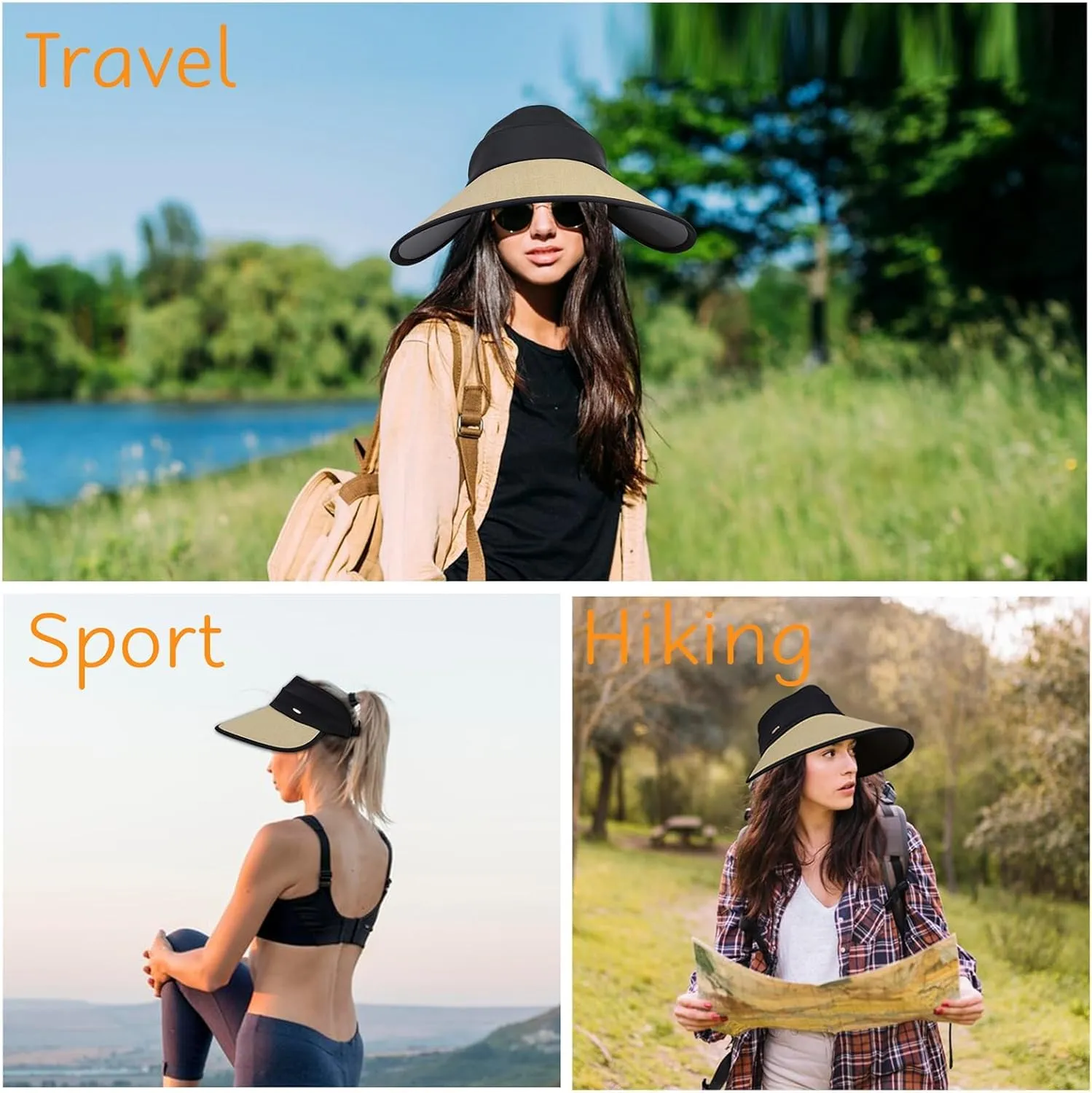 Sun Visor Hat for Women, Wide Brim Rollable Hats with Chin Stap UV Protection Beach Ponytail Cap Summer