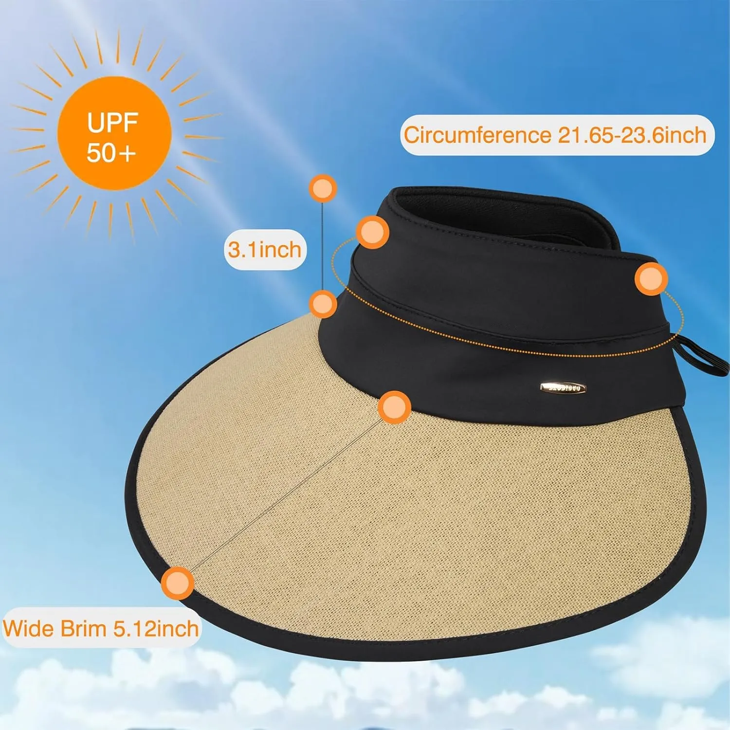 Sun Visor Hat for Women, Wide Brim Rollable Hats with Chin Stap UV Protection Beach Ponytail Cap Summer