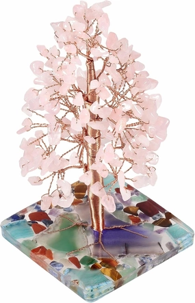 SUNYIK Handmade Natural Rose Quartz Crystal Stone Money Tree Set on Orgone Agate Slice Base, Tree of Life Healing Crystals Chip Stone Figurine Decoration for Wealth and Luck 4.7''-6'' Tall