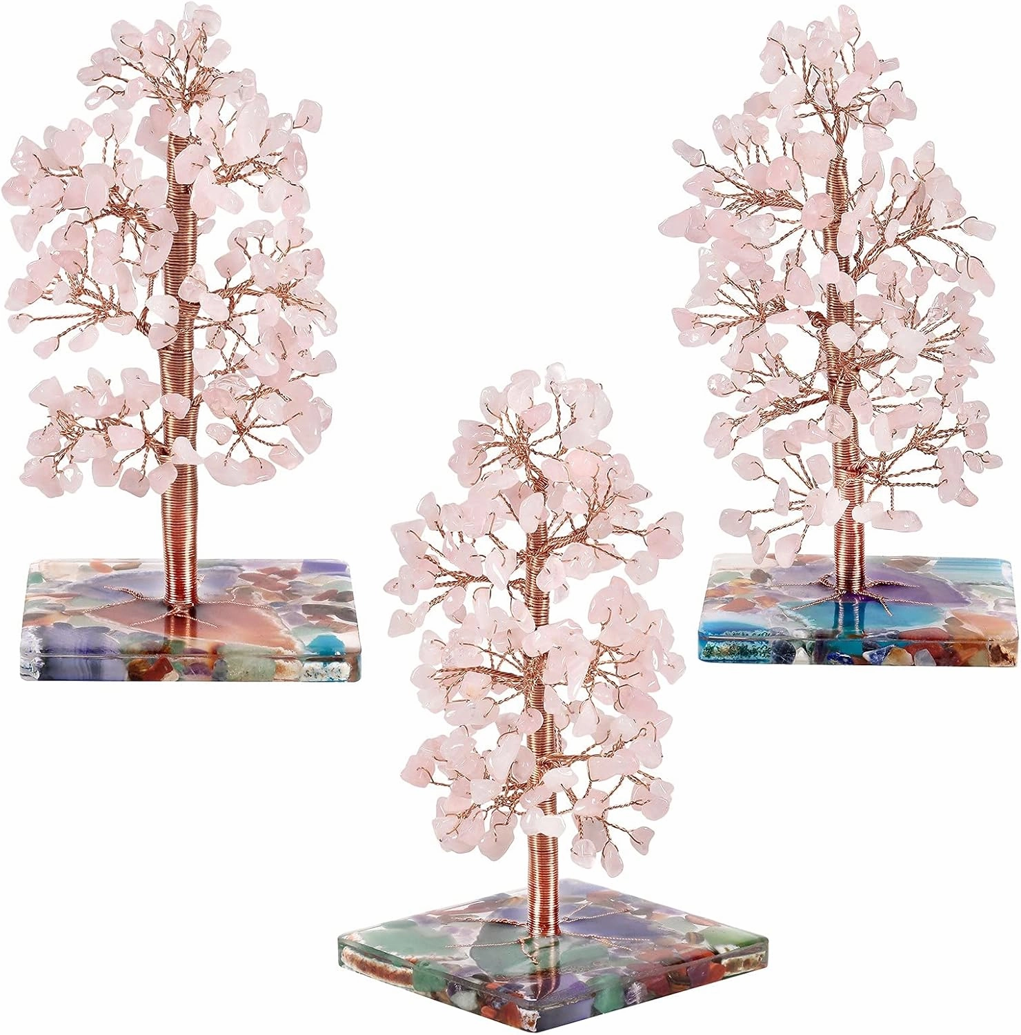SUNYIK Handmade Natural Rose Quartz Crystal Stone Money Tree Set on Orgone Agate Slice Base, Tree of Life Healing Crystals Chip Stone Figurine Decoration for Wealth and Luck 4.7''-6'' Tall