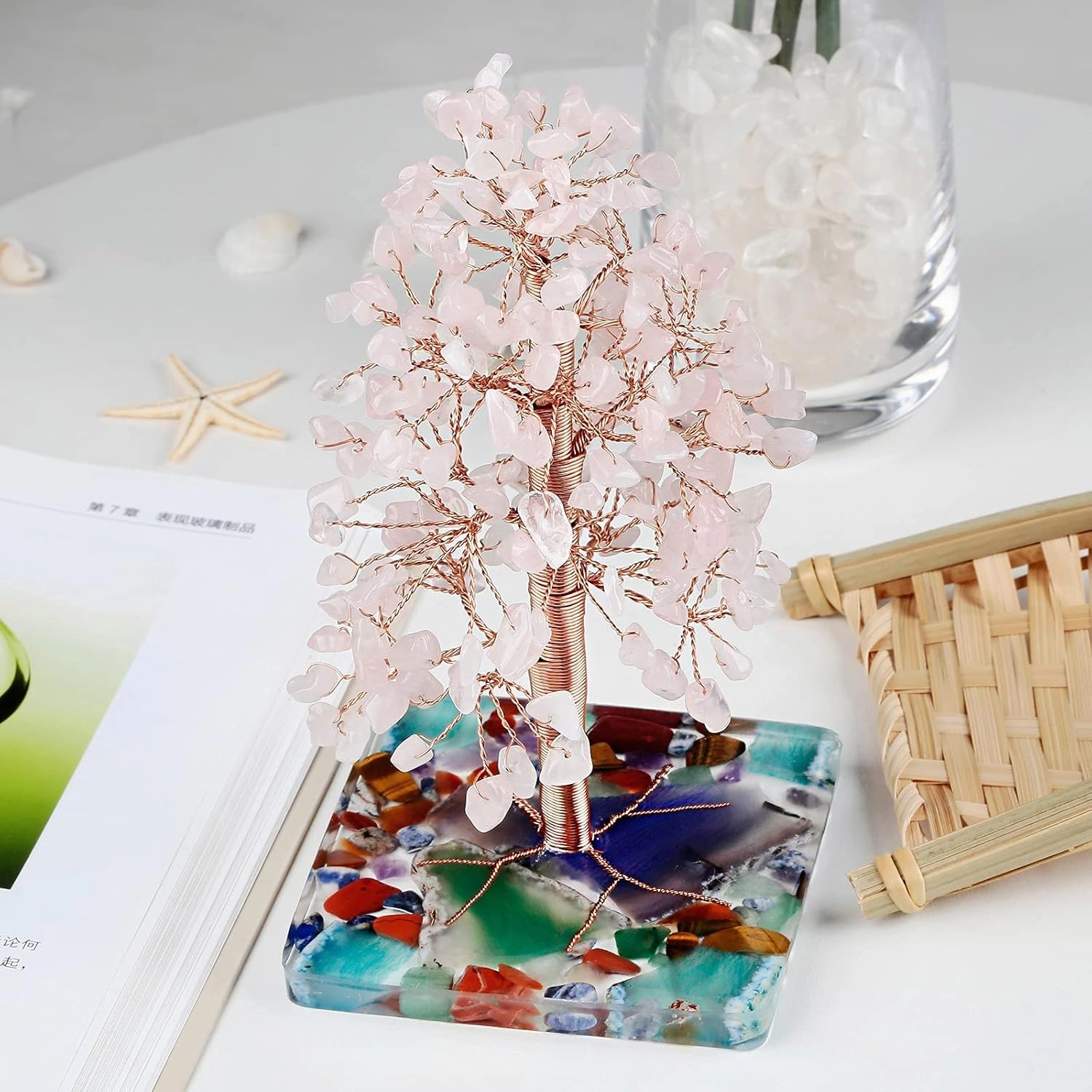 SUNYIK Handmade Natural Rose Quartz Crystal Stone Money Tree Set on Orgone Agate Slice Base, Tree of Life Healing Crystals Chip Stone Figurine Decoration for Wealth and Luck 4.7''-6'' Tall
