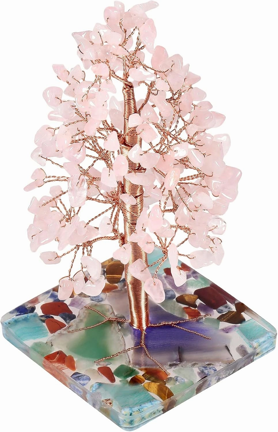 SUNYIK Handmade Natural Rose Quartz Crystal Stone Money Tree Set on Orgone Agate Slice Base, Tree of Life Healing Crystals Chip Stone Figurine Decoration for Wealth and Luck 4.7''-6'' Tall