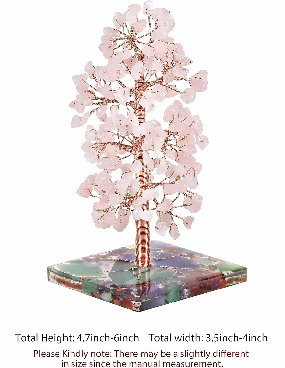 SUNYIK Handmade Natural Rose Quartz Crystal Stone Money Tree Set on Orgone Agate Slice Base, Tree of Life Healing Crystals Chip Stone Figurine Decoration for Wealth and Luck 4.7''-6'' Tall