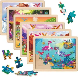 SYNARRY Wooden Dinosaur Puzzles for Kids Ages 4-6, 6 Packs 60 PCs Jigsaw Puzzles Educational Toys Gifts for Children Ages 4-8, Kids Puzzles for 4  Year Olds Boys Girls