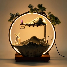 Tabletop Fountain,Indoor Waterfall with LED&Mist,Ceramic Water Fall with Backflow Incense and Fake Plants,Feng Shui Decor for Good Luck and Wealth (Waterfall)