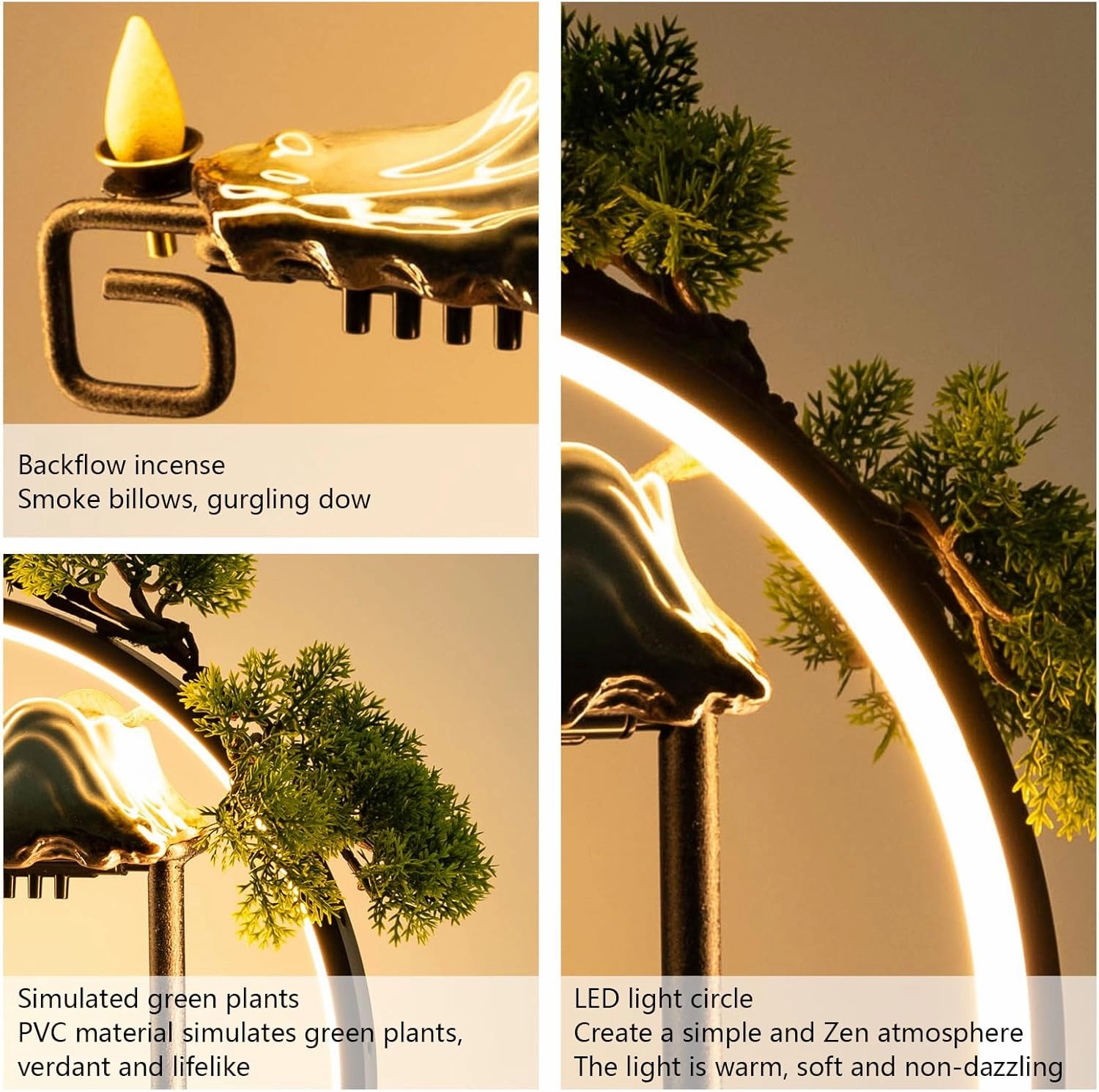 Tabletop Fountain,Indoor Waterfall with LED&Mist,Ceramic Water Fall with Backflow Incense and Fake Plants,Feng Shui Decor for Good Luck and Wealth (Waterfall)