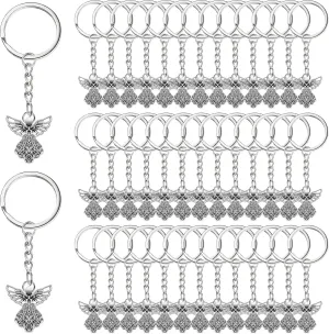 Taiyin 100 Pcs Guardian Angel Keychain Silver Angel Charm Keychain Key Ring Pendant Baptism Favors for Women Funeral Party Gifts, 3.15 Inch