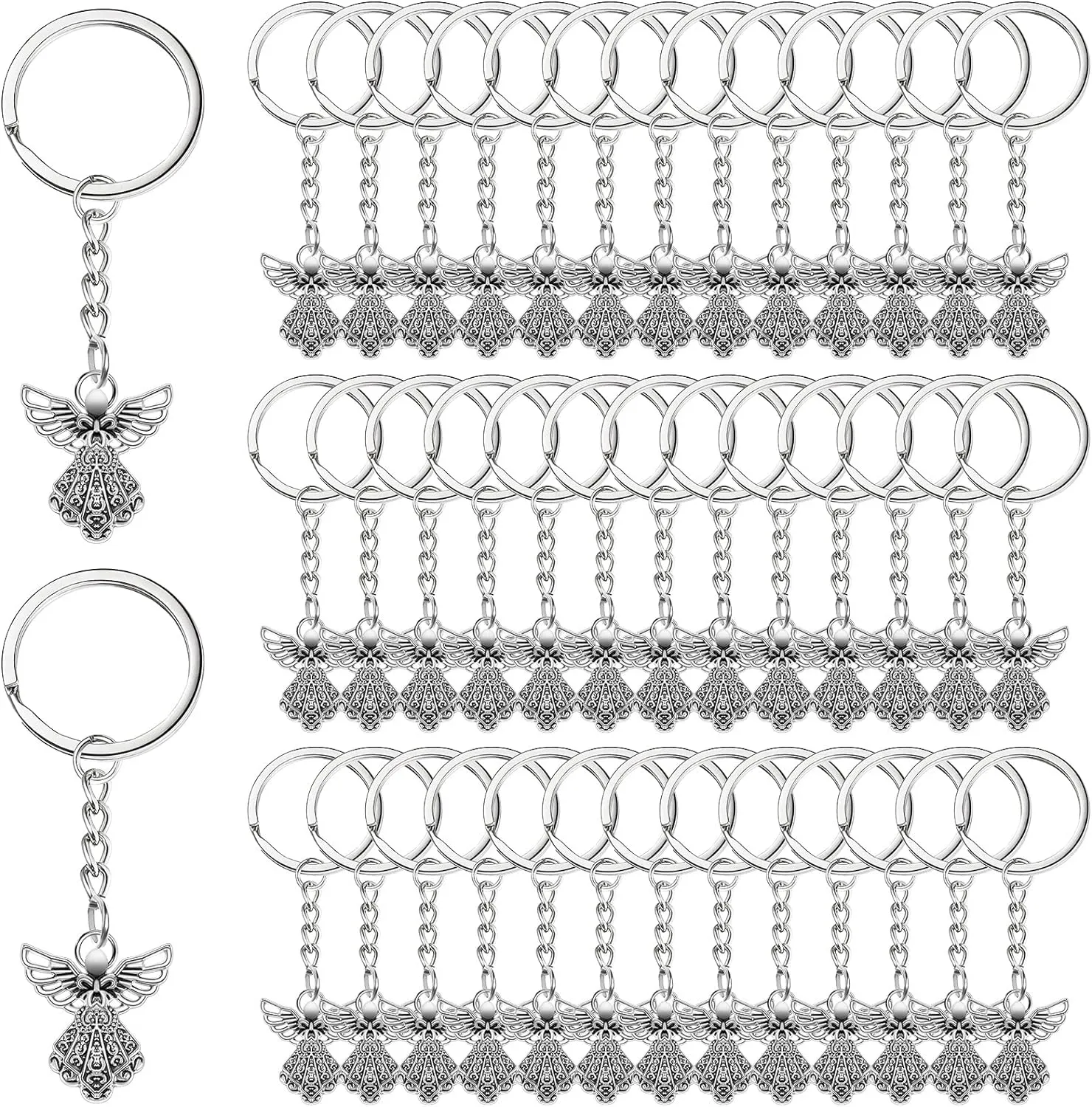 Taiyin 100 Pcs Guardian Angel Keychain Silver Angel Charm Keychain Key Ring Pendant Baptism Favors for Women Funeral Party Gifts, 3.15 Inch