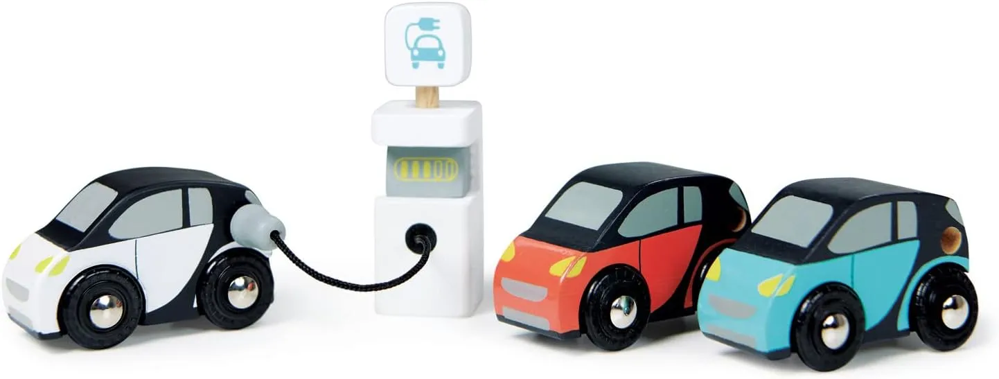Tender Leaf Toys - Smart Car Set - 3 Pretend Electric Wooden Smart Cars with Charging Unit - Open-Ended Play Toy, Explore Role-Play and Imagination, for Boys and Girls Age 18m 