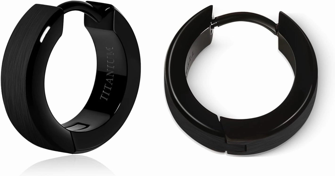 TGNEL Titanium Earrings Hoops Brushed Small Hoop Earrings for Men/Father/Brother, Lightweight Bevel Hoop Earrings for Sensitive Ears Black/Silver