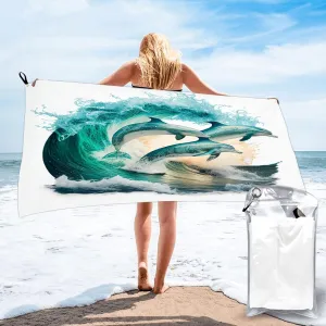 Three Dolphins Jumping over in The Ocean pattern Beach Towels for Adults and Kids,Compact Sand Free Swim Pool Blanket for Outdoor Traveling on Vacation,27.5 x 55 inch