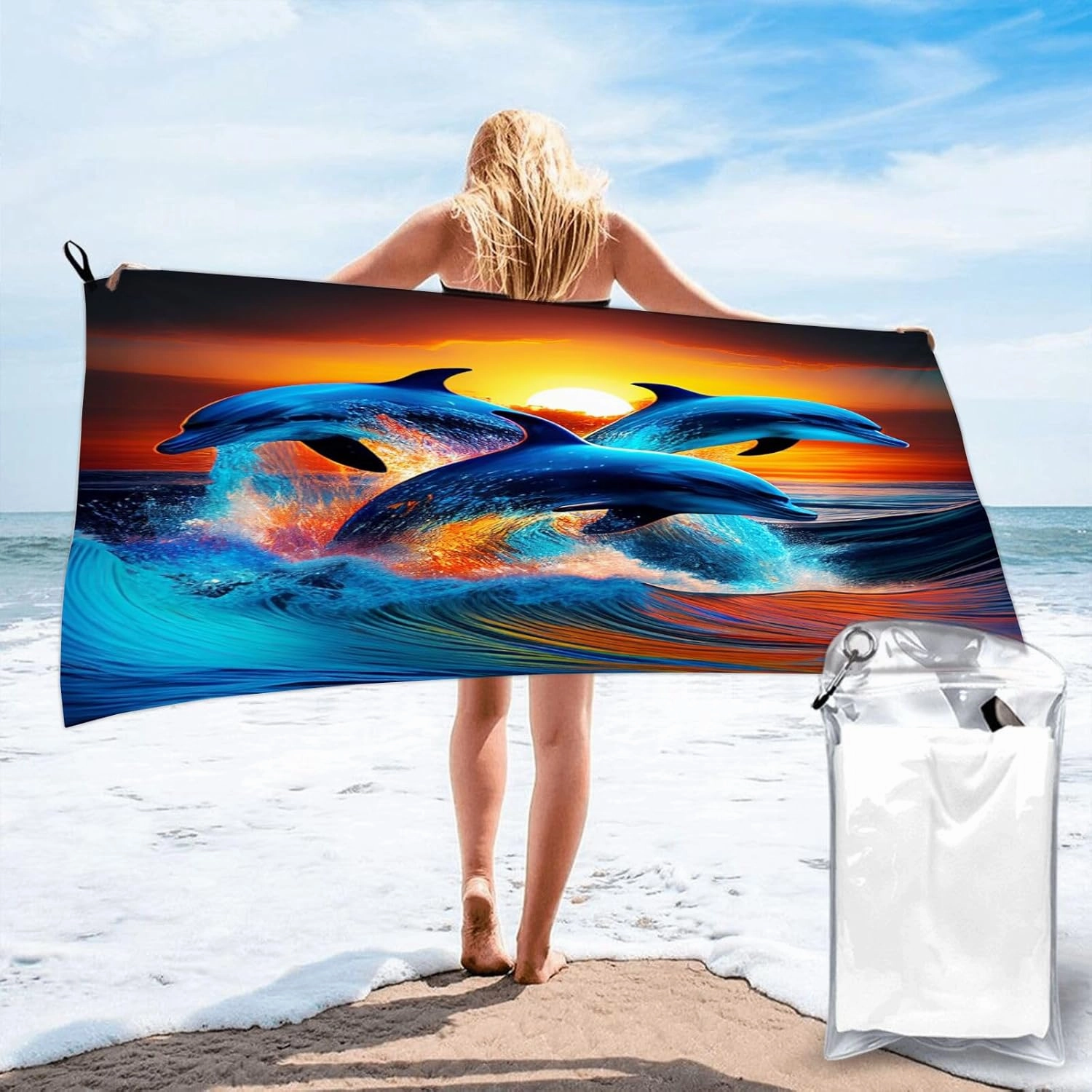 Three Dolphins Jumping into The Ocean Pattern Beach Towel，Resistant Oversized Pool Towel for Hotel, Resort, Hot Tub, Spa, Bath, and Travel, 31.5 x 63 inch