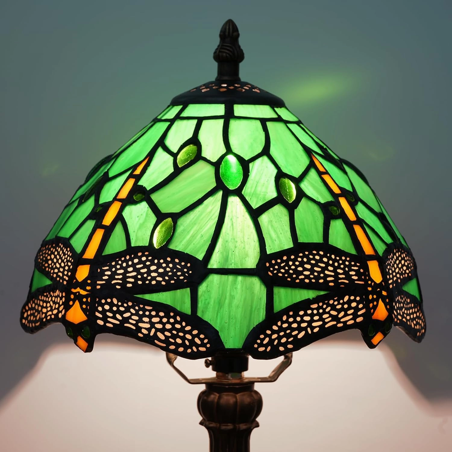 Tiffany Lamp Green Dragonfly Stained Glass Table Lamp 8X8X14 Inches Green Dragonfly Style Desk Reading Light Decor Beside Bedroom Living Room Home (H1057-Green Dragonfly)