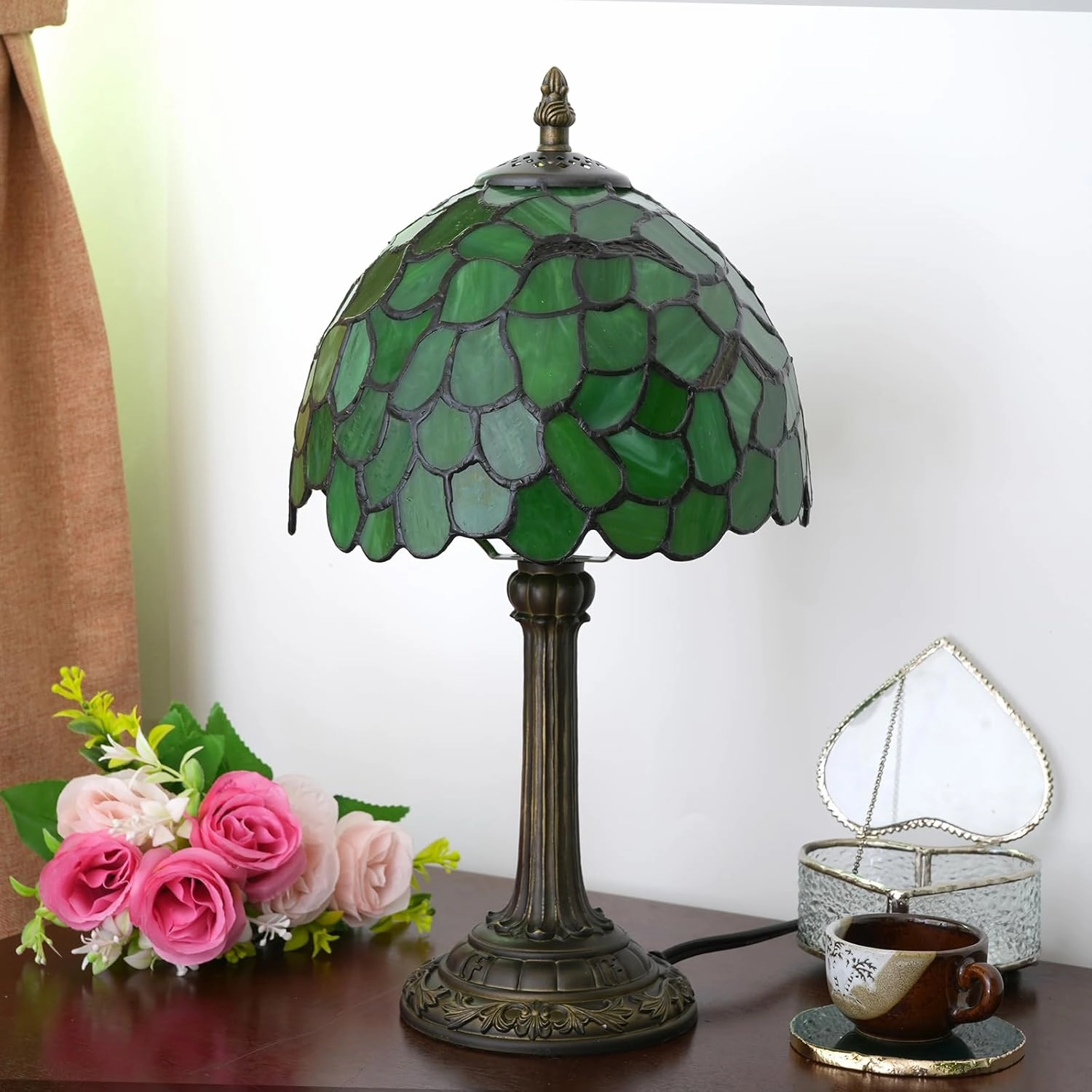 Tiffany Lamp Stained Glass Table Lamp 8X8X14 Inches Desk Reading Light Decor Beside Bedroom Living Room Home (H-1056- Green Leaf)