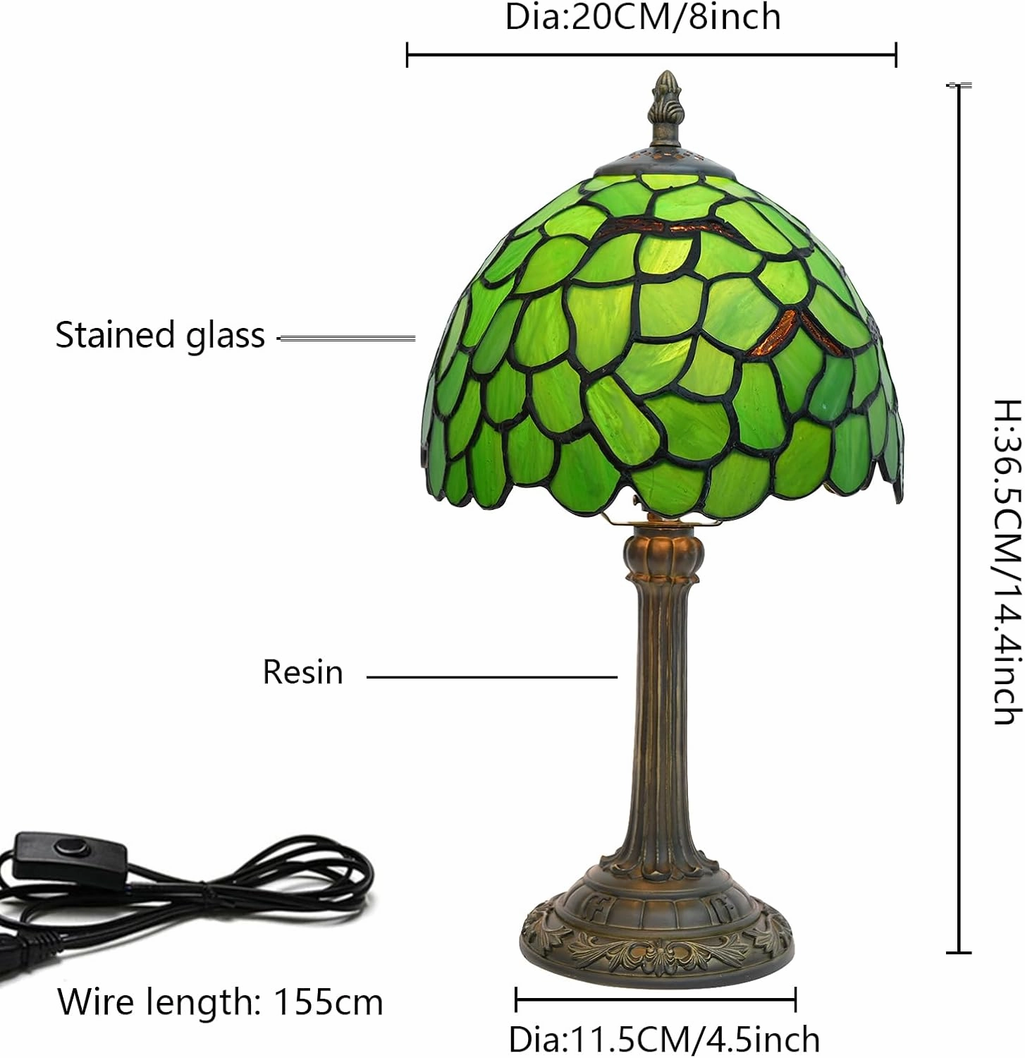Tiffany Lamp Stained Glass Table Lamp 8X8X14 Inches Desk Reading Light Decor Beside Bedroom Living Room Home (H-1056- Green Leaf)