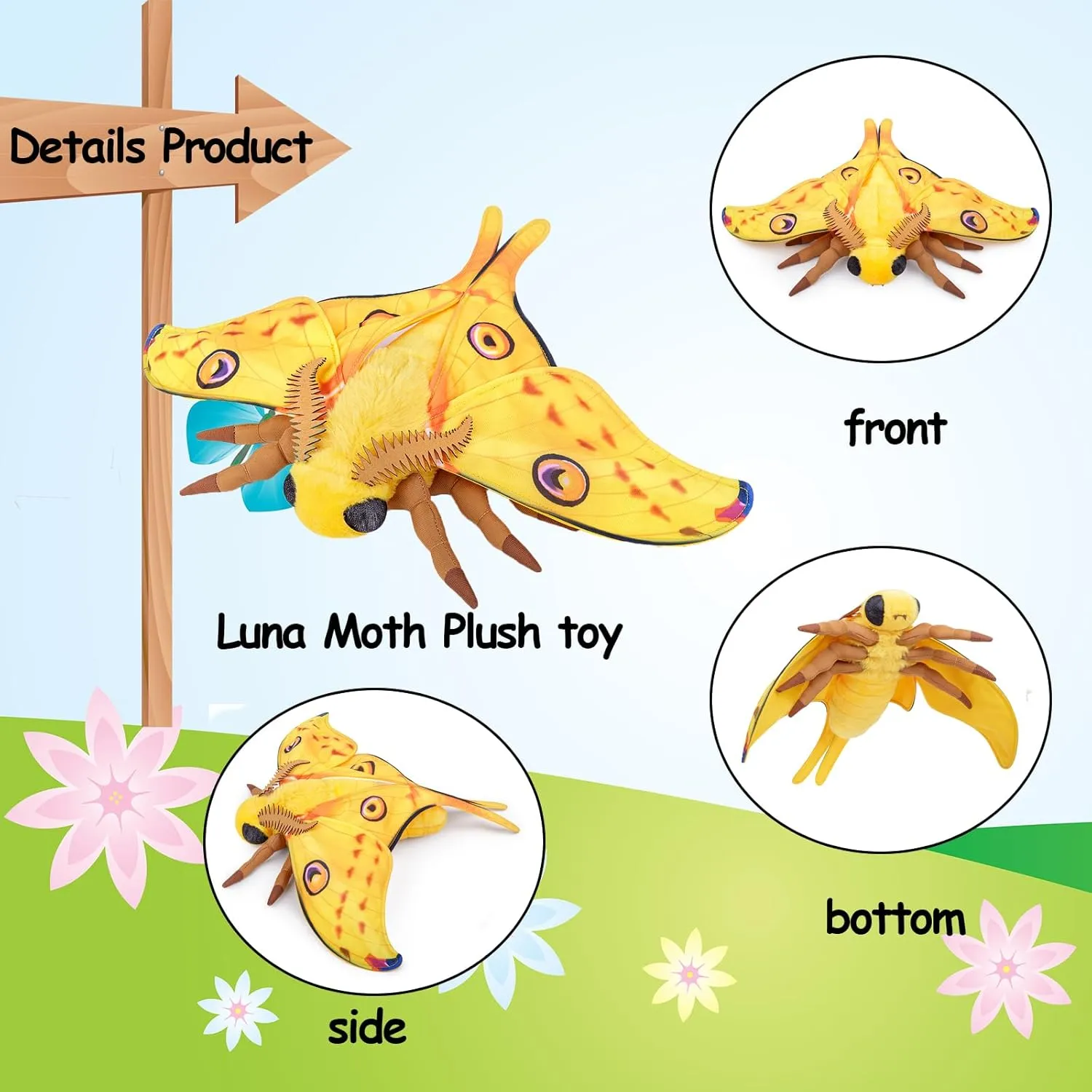 Tiny Heart Simulation Luna Moth Plush Toy 10.62inch Soft Realistic Luna Moth Stuffed Animal Plush Toy for Kids Insect Lovers Boys and Girls Gifts Home Decoration Yellow