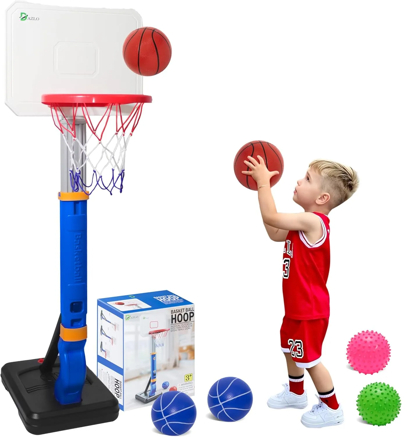 Toddler Basketball Hoop with Adjustable Height (27.6" to 54.4") – Kids Basketball Hoop Including 4 Basketballs, 2 Sensory Balls, Stickers & Inflator – Indoor/Outdoor Play for Ages 36-144 Months