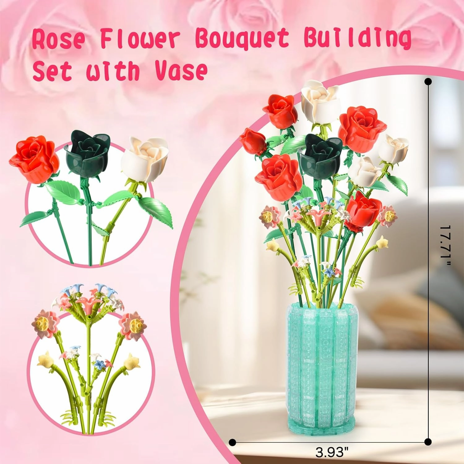 Topdear Flowers Bouquet Toys Building Set with Vase, Rose Bouquet Artificial Flower Building Toy for for Adults, Gifts for Mothers Day, Valentines Day, Christmas(1022Pcs)