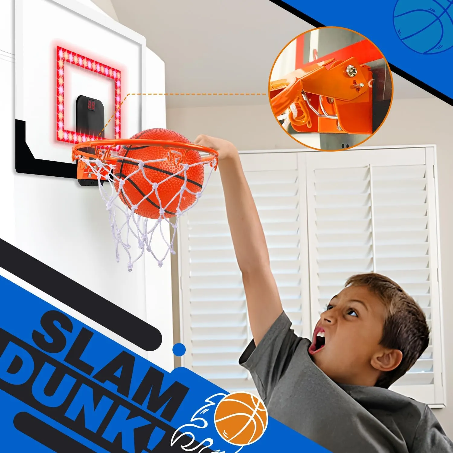 TOY Life Basketball Hoop LED Scoresboard Indoor Basketballhoop Wall Mount Over The Door Backboard for Teens Adults Boys Toys Age 8-10 Games Indoor with 4 Balls