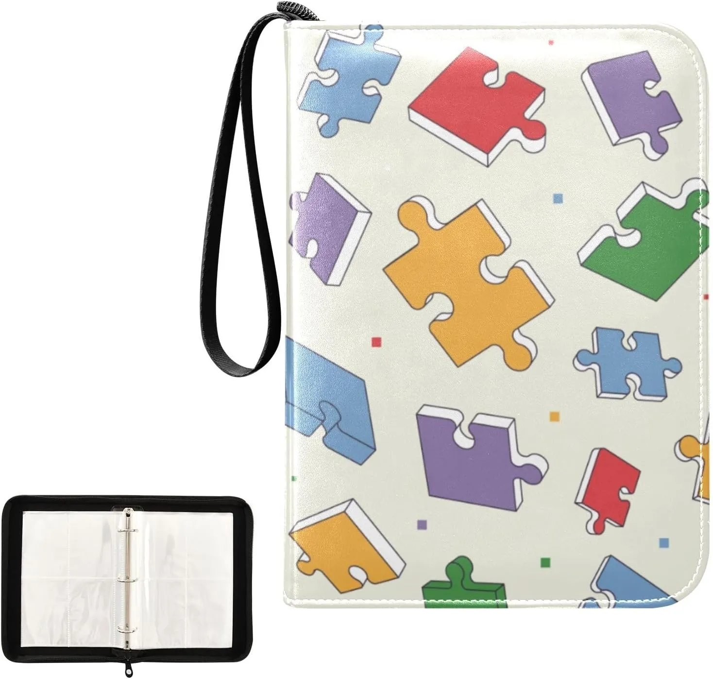 Trading Card Binder with Sleeves Colorful Puzzle Pattern C4 Pocket Card Binder PU Card Collection Binder 400 Cards Holder Collector Album
