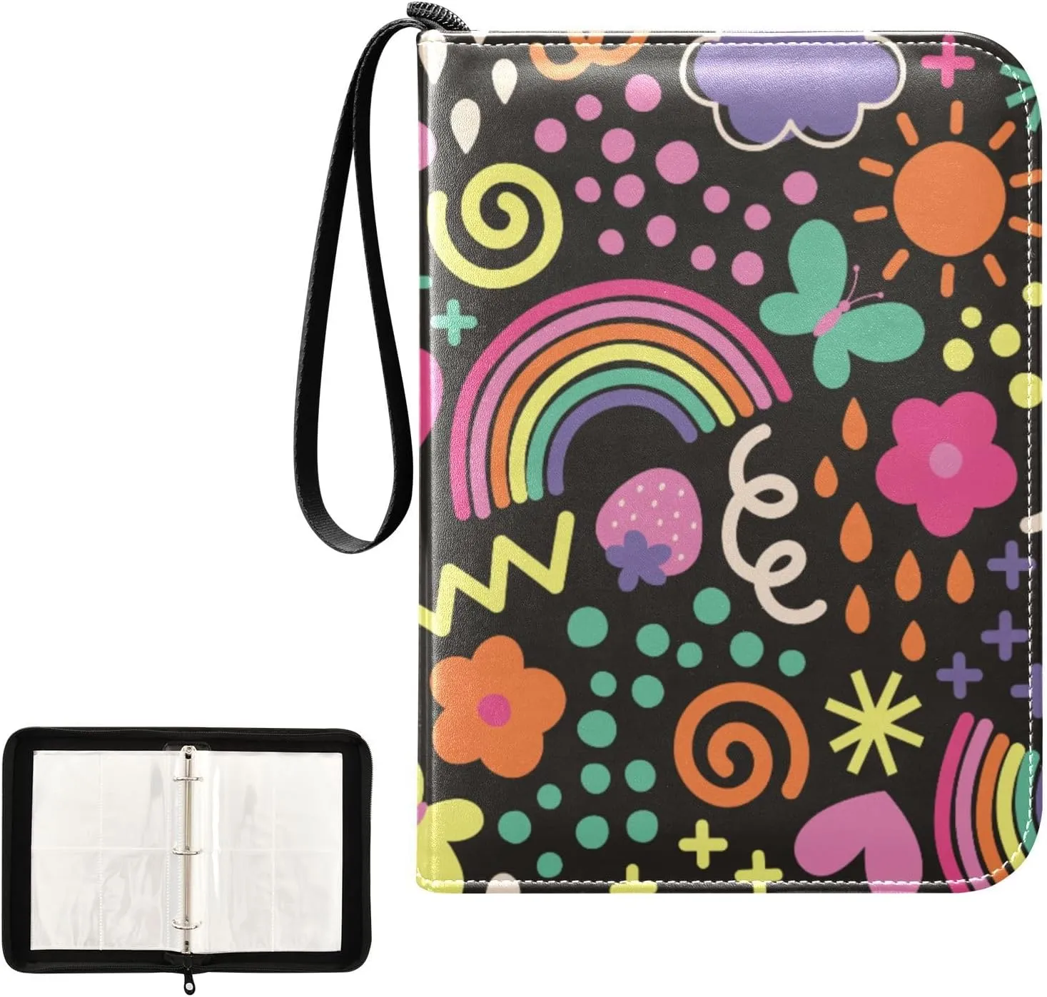Trading Card Binder with Sleeves Colorful Rainbow Flowers Butterfly C4 Pocket Card Binder PU Card Collection Binder 400 Cards Holder Collector Album