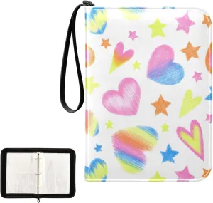 Trading Card Binder with Sleeves Valentine Romantic Colorful Hearts Star C4 Pocket Card Binder PU Card Collection Binder 400 Card Holder Collector Album