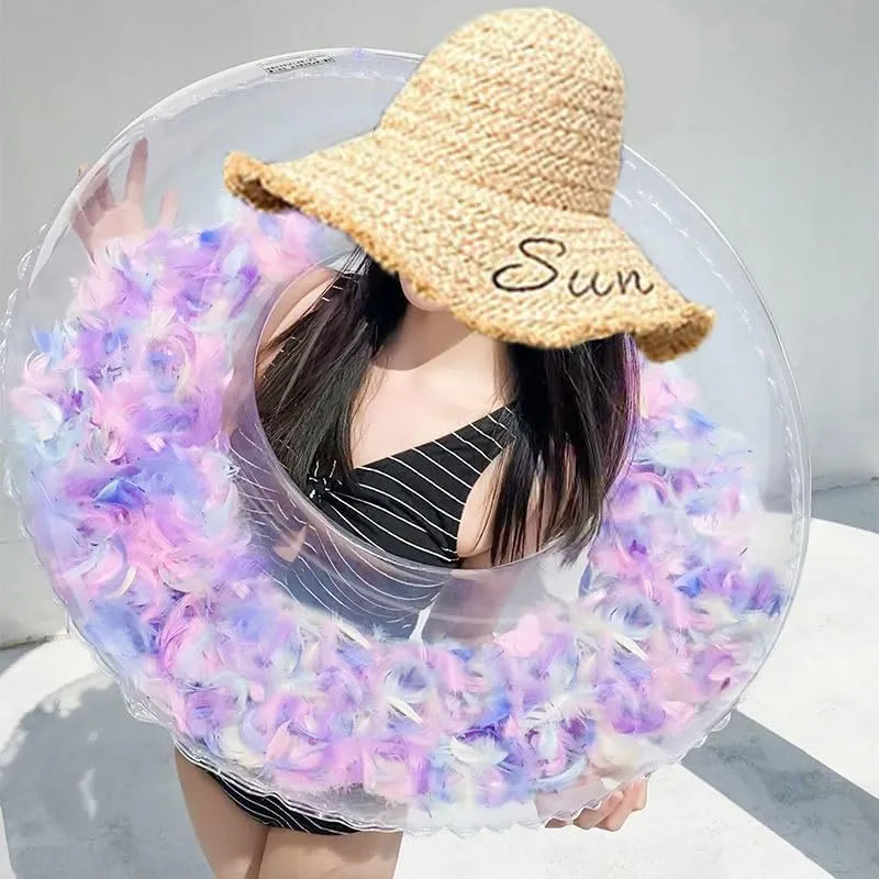 Transparent Float with Feather Filling, Clear Ring Pool Floatie, Inflatable Feather Filled Float, Swim Ring Float