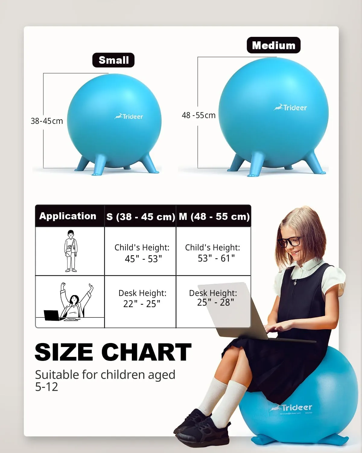 Trideer Flexible Seating for Classroom Elementary, Yoga Ball Chairs for Kids, Wobble Chair of School Supplies for Sensory Kids, Student Desk Chairs for Homeschool (Blue, 55cm)
