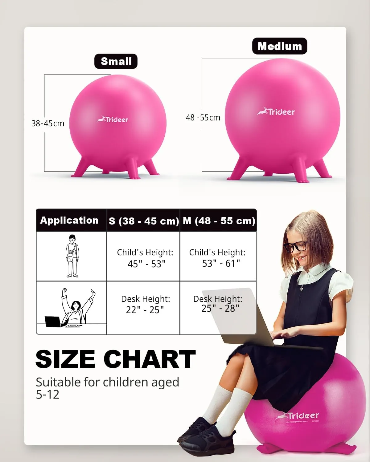 Trideer Flexible Seating for Classroom Elementary, Yoga Ball Chairs for Kids, Wobble Chair of School Supplies for Sensory Kids, Student Desk Chairs for Homeschool (Pink, 55cm)