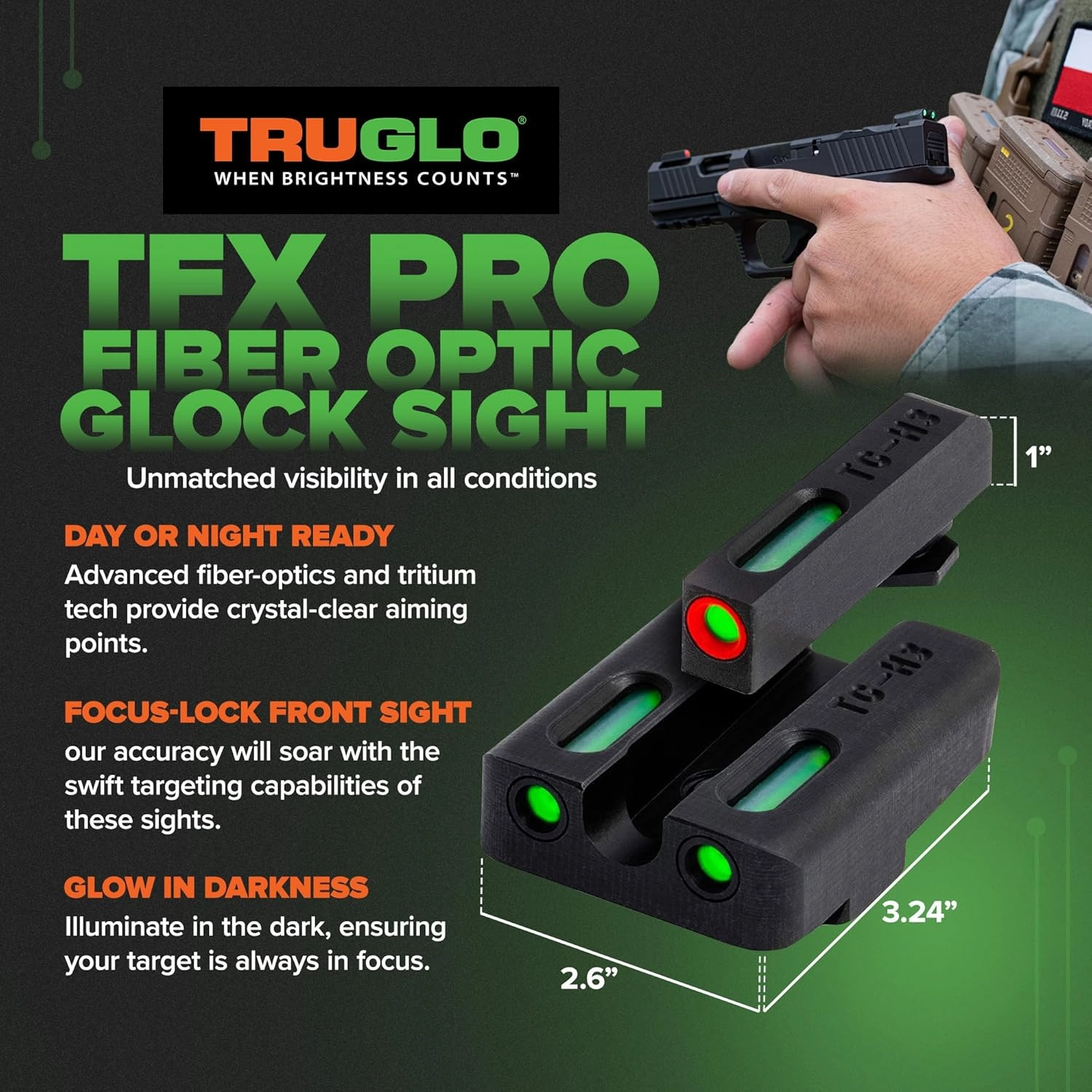 Truglo TFX PRO Handgun Sight, Glowing Shock Proof Tritium and Fiber Optic Night Sight for Handguns, Compact, Durable, and Snag Free Sight