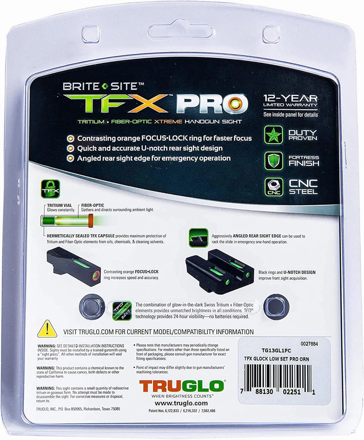 Truglo TFX PRO Handgun Sight, Glowing Shock Proof Tritium and Fiber Optic Night Sight for Handguns, Compact, Durable, and Snag Free Sight