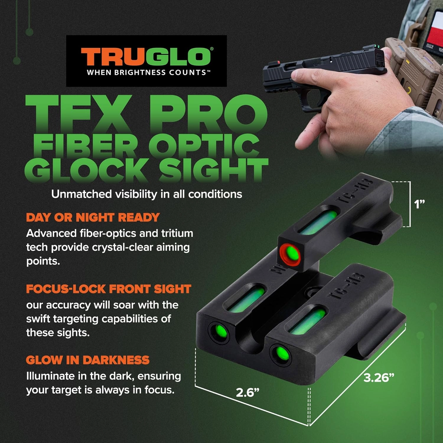 Truglo TFX PRO Handgun Sight, Glowing Shock Proof Tritium and Fiber Optic Night Sight for Handguns, Compact, Durable, and Snag Free Sight