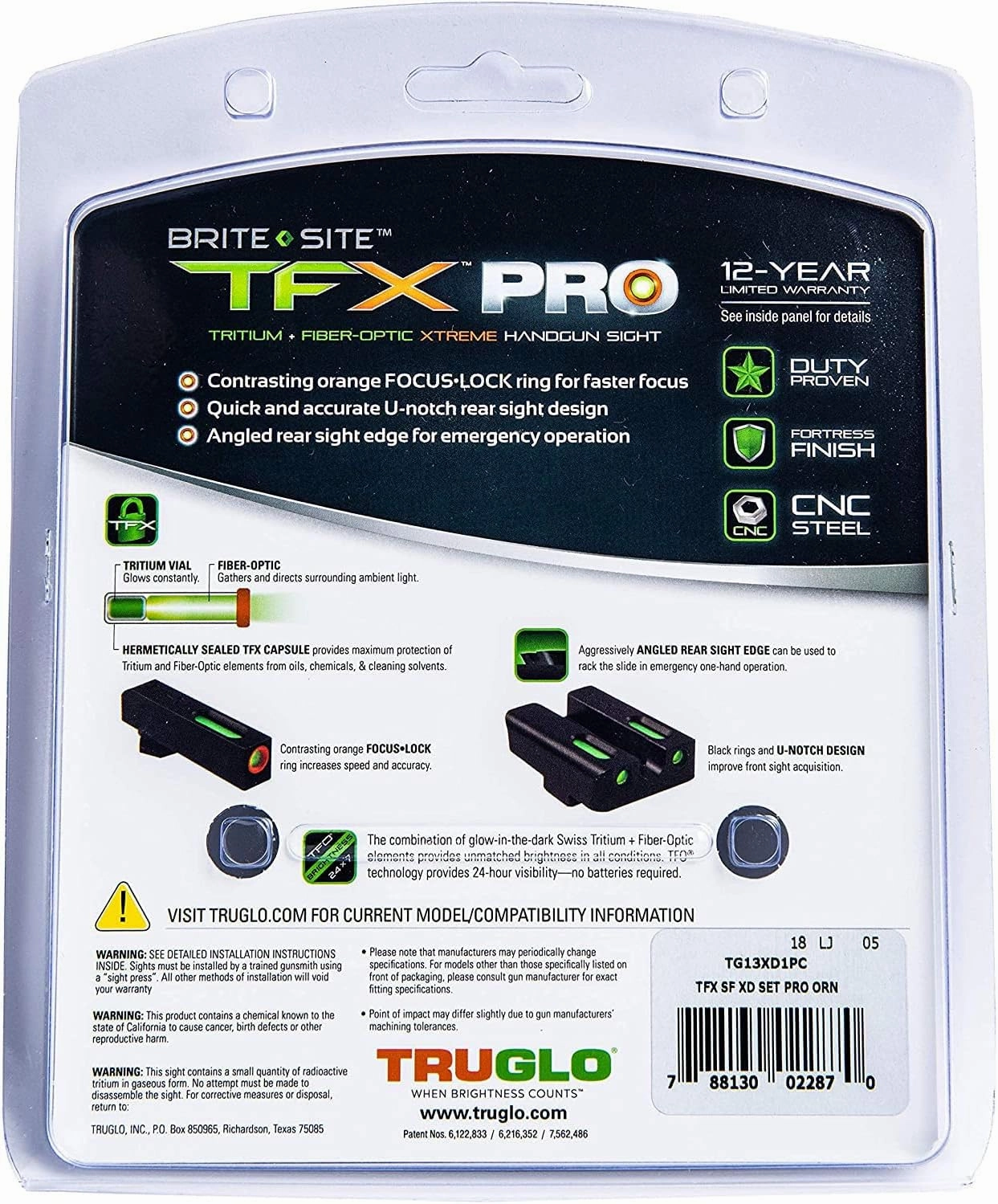 Truglo TFX PRO Handgun Sight, Glowing Shock Proof Tritium and Fiber Optic Night Sight for Handguns, Compact, Durable, and Snag Free Sight